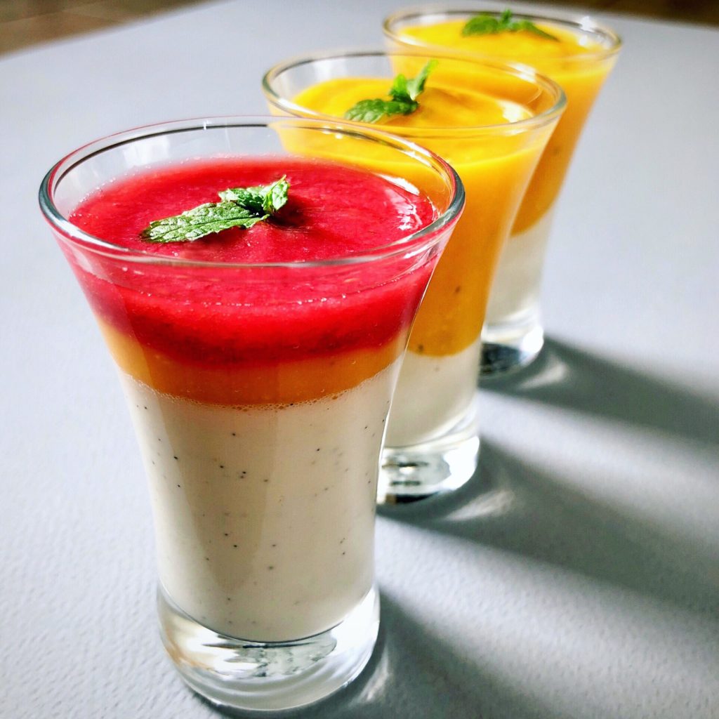 Pannacotta, mango or raspberry  … Or both!